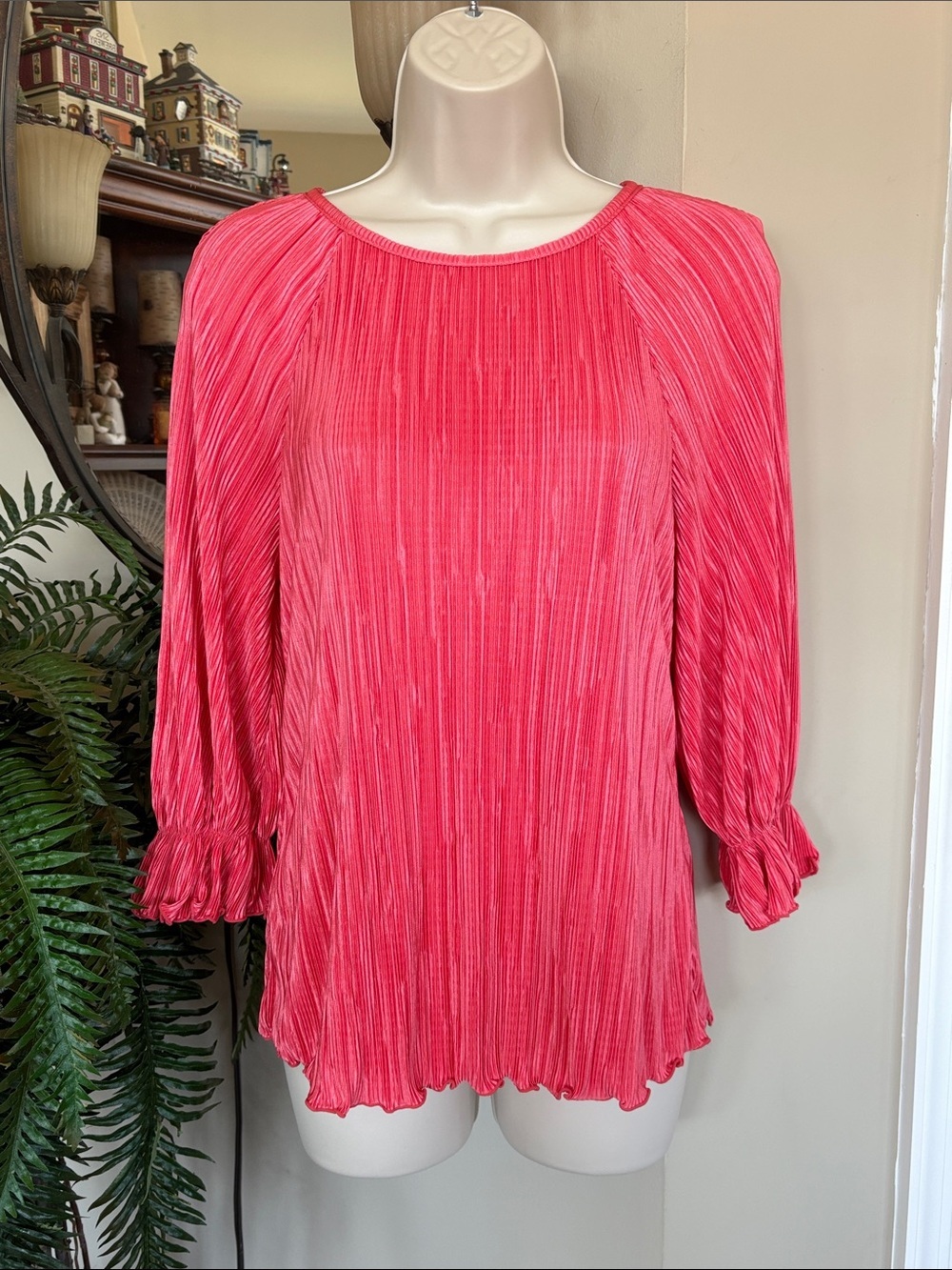 Halogen Coral Pink Plisse Pleated Crinkle Blouse Puff 3/4 Length Sleeves Top